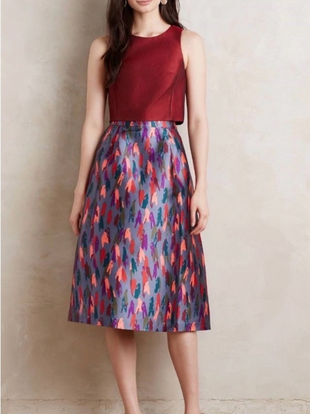 Anthropology Raoul Multicolor A-Line Midi Skirt with Abstract Brushprint